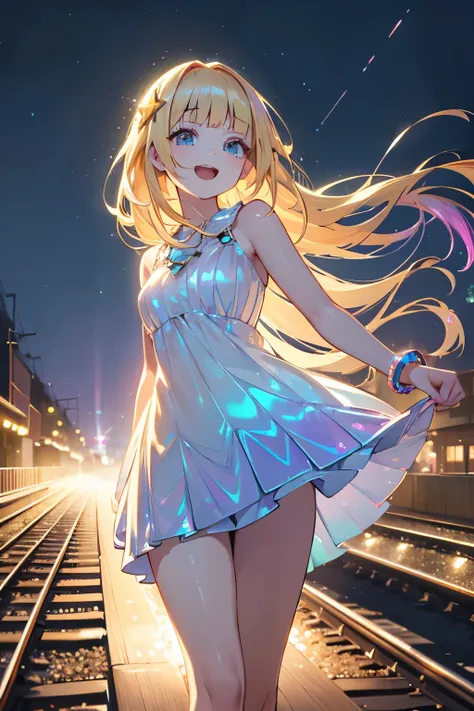 （In 8K, best quality, muste piece:1.2)、ultra high resolution,1 cute girl,ultra-detailed face,detailed eyes,smile, open mouth,decora one-piece dress,blonde,floating hair,detailed hand fingers,(iridescent light:1.4),(Walking on the tracks),night