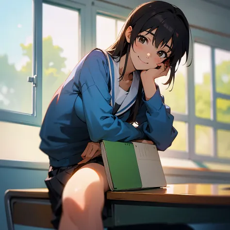 ultra realistic; 4k, anime; 2d Makoto Shinkai; A smiling high school girl with long, dark hair is sitting her desk in a classroom. She is wearing school uniforms and talking animatedly.