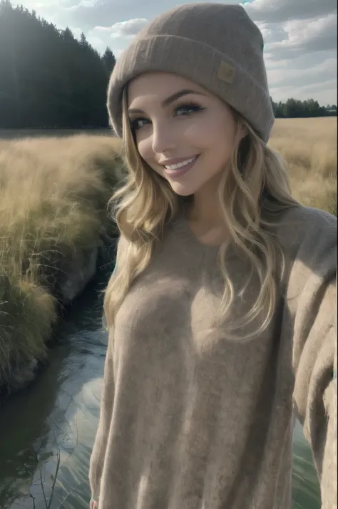 Veronica Bielik, ((upper body selfie, happy)), masterpiece, best quality, ultra-detailed, solo, outdoors, cheerful, happy, backpack, sweater,winter hat,  rocks, river, wood, smoke, clear sky, analog style (look at viewer:1.2) (skin texture) (film grain:1.3...