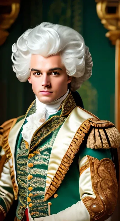 handsome young man on a horse, wearing an eighteenth century wig, men&#39;s white wig, Age of Enlightenment, a man in a colorful super detailed eighteenth-century costume, on the backdrop of a masquerade ball, rococo, grotesque, diesel-punk, majestic, orga...