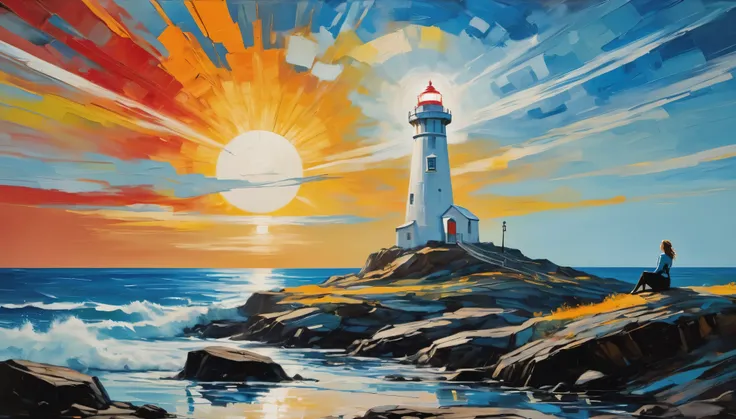 Oil painting, color palette knife, a tall white lighthouse, emitting bright light. In the distance, （there is a girl wearing a blue stormtrooper sitting on a round and towering rock.） In the style of Eastern minimalism, presented in the movie 4D, conceptua...