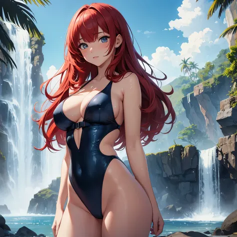 (Master piece), (best quality), (ultra detailed), high quality, highest details, ultra hd, hot waterfall, 1girl, medium red hair, wet, swimsuit,  nartural shadow, large breast, large ass, blushing face, solo, perfect body, 8k, blue sky.