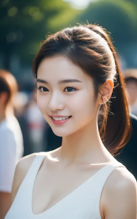 ((top quality、32k、A masterpiece of photography、ultra high resolution、Absolutely clear focus、Hasselblad photos))，1 real photography photo, 1 person，korean girl，18 years old，smile slightly，Super cute，ponytail hairstyle，((White skin))，Round shoulders，Shapely ...