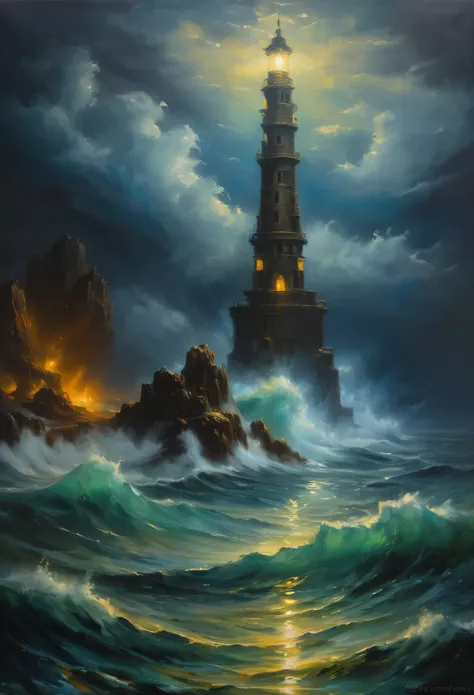 In the center of the sea, there stands a lighthouse, illuminating the surrounding waters. This scene takes place at night, with a blue sky contrasting against the dark ocean. The whole painting exudes a strong oil painting style, with clear layers, as if i...