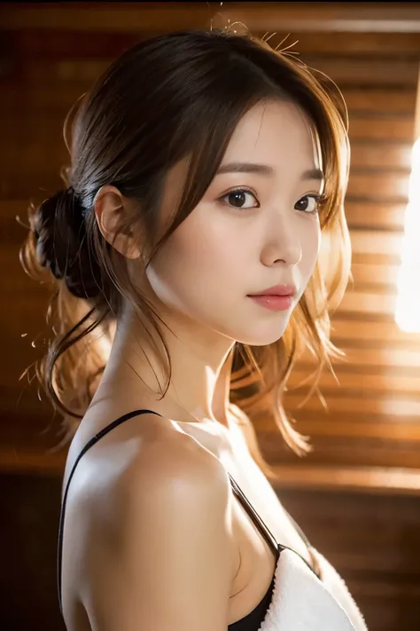 japanese woman, (close:2), (Natural light),wavy wet hair, amount, I&#39;m hiding my chest with a towel,Tube top(dark brown eyes),(From the side), (downward hanging eyes),pouted, (),(dynamic posing) (sauna room)