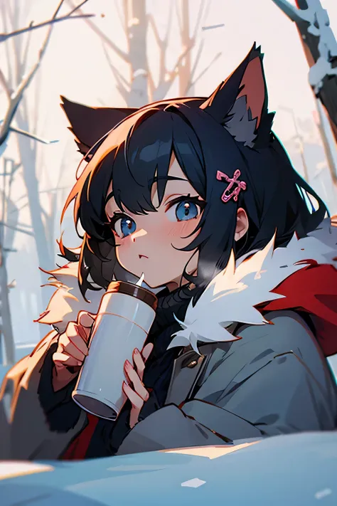 cat character in fur jacket, winter, Drinking cocoa, Cute, 2D anime style, on open air