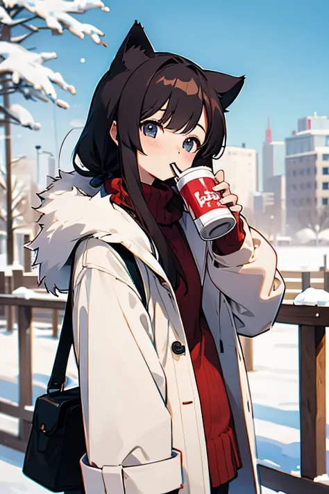 cat character in fur jacket, winter, Drinking cocoa, Cute, 2D anime style, on open air