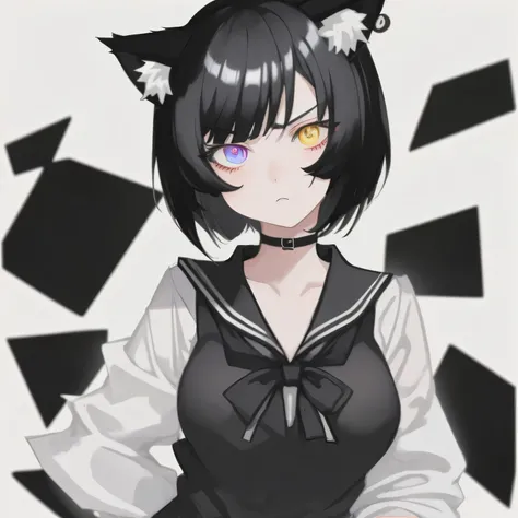 1girl, anime, bob_messy_short_hair, black_hair, black_and_white_sailor_school_uniform, serious, heterochromatic_eyes, cat_ears, pose,  white_background, looking_at_viewer