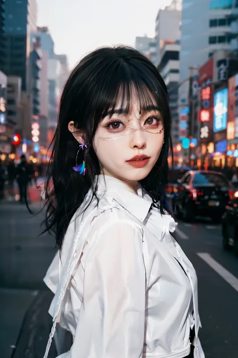 Black and red mesh hair、goth_punk, 1girl in, solo, full shot, Walking in Harajuku, ((during night)), bokeh dof, Neon light, Iridescent eyes, starrysky, White shiny hair, White eyebrows, Radiant hair, (iridescent white hair), earrings, bangss, jewely, masks...