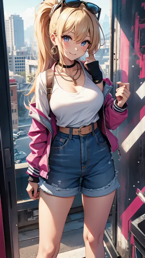 最high quality、best image quality、masterpiece、girl((20-year-old、 By becoming、vest bust、medium bust,wide open breast tea、shining eyes, blonde、long hair、thin,highest valley、ponytail、sunglasses、denim pants、white shirt、Jeans、smile、full body tattoo,diamond earri...