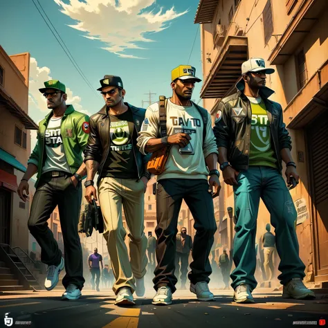 Image of a group of Moroccan men walking down a street in Marrakech, les mains dans les poches, Dressed in Super Mario T-shirts , 2D Game Art GTA Cover, 2 D Game Art GTA Cover, Style artistique GTA, Grand Theft Auto Style, Style artistique GTA, Style de GT...