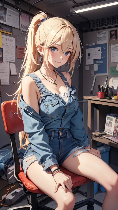 最high quality、best image quality、masterpiece、girl((20-year-old、 By becoming、vest bust、medium bust,wide open breast tea、shining eyes, blonde、long hair、thin,highest valley、ponytail、Damaged Denim Shorts、black navel shirt、Damaged Denim Jacket、smile、full body t...