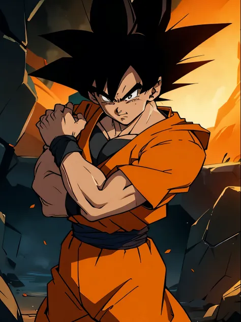 (masterpiece), best quality, ultra-detailed, goku crying from dragon ball z with spiky black hair, wearing orange clothes, retro...