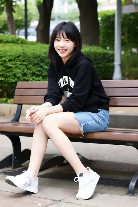 ((highest quality)),  perfect face、A neat and beautiful woman sitting on a park bench、hoodie、skinny denim、sneakers、black hair、ear piercing、refreshing smile、smiling showing teeth、full body photo、