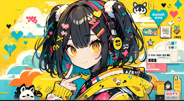 "cute, cute, adorable girl in yellow, orange color scheme.short bob,headphone, smile,orange background,Wearing sky-themed clothing with clouds and sky motifs. her costume is fluffy and soft, Comes with decora accessories such as hair clips. She embodies th...