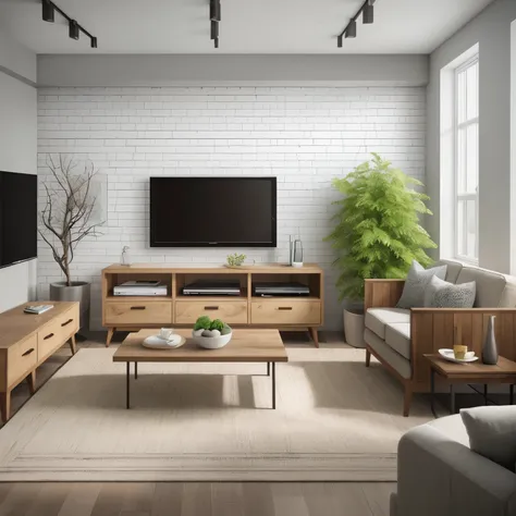 Based on the description, create a living room in a modern style in spring colors. There is a distinctive white decorative brick on the wall. Wooden slats as a decoration. Corner sofa, table with chairs, TV on the wall, living room furniture, decorations a...