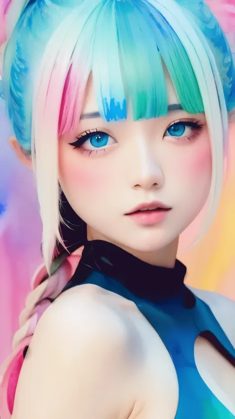 (((Bright colored watercolor style background:1.2)))、one girl、１６talent、anatomy、small face、small、small鼻、Pale pink eyes、Loosely braided low ponytail、light pink hair、small breasts、black dress open neck dress、random pose、highest quality、High resolution、High re...