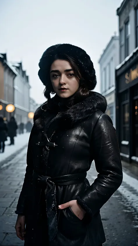 frostpunk, maisiewilliams as Arya Stark, fur hat, make-up, long black fur coat, high heels, earrings, rings, standing in the winter street, 1woman, solo, beautiful detailed glow, detailed, cinematic light, intricate detail, realistic, highres, detailed fac...