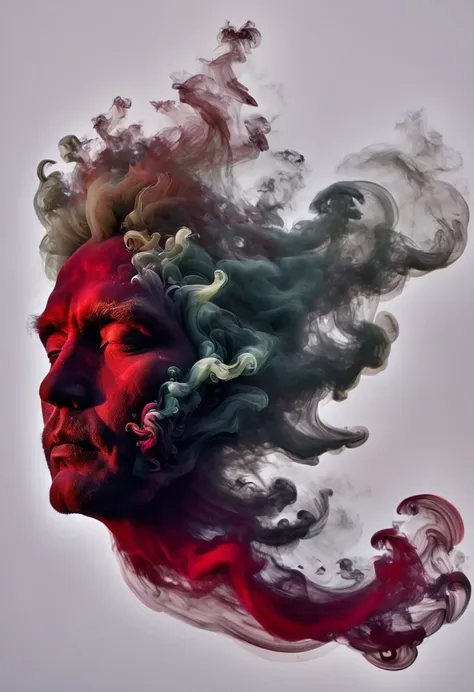 smoky art, man, smoky sage man, red dark silhouette of an old sage man floats in the space between the top and bottom and repres...