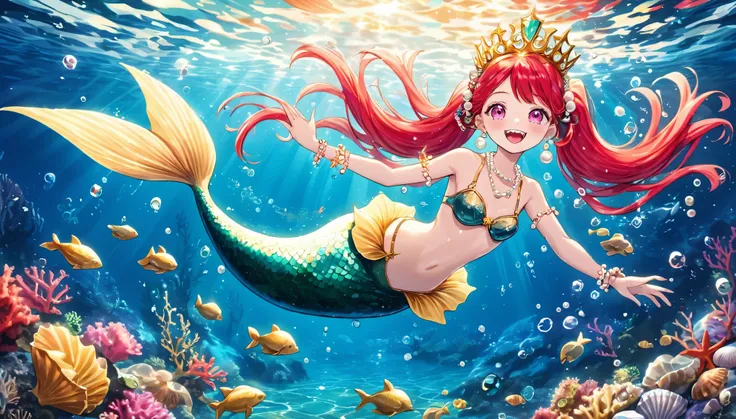 (best quality,4k,8k,highres,masterpiece:1.2),ultra-detailed, Pretty 15 years old princess magically transformed into a beautiful mermaid, race swap, fantastic transformation, none human, steampunk, fish like, wet body, surrounded by small bubbles, long mer...