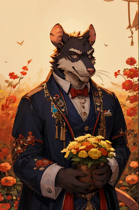 Masterpiece, postcard, March 8, rat, flowers, rat с цветами, rat держит flowers, smile, smiling, looks at the camera, simple background, Dressed in Victorian costume, Victorian-style costume