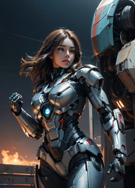 Textured skin, Super Detail, high details, High quality, Best Quality, hight resolution, 1080p, hard disk, Beautiful,(Iron Patriot),beautiful cyborg woman,Mecha Cyborg Girl,Battle Mode,Girl with a Mecha Body,She wears a futuristic Iron Patriot mech,Fulll b...