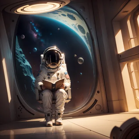 The astronaut reading in a space library is depicted in a surreal, dream-like setting, giving it a unique and otherworldly feel.