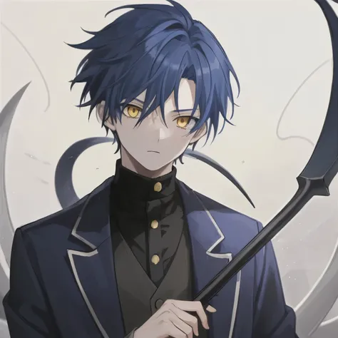 1boy, anime, parted_middle_deep_blue_hair, navy_blue_tail_coat, beige_sweater, holding_scythe, light_yellow_eyes, white_background, looking_at_viewer