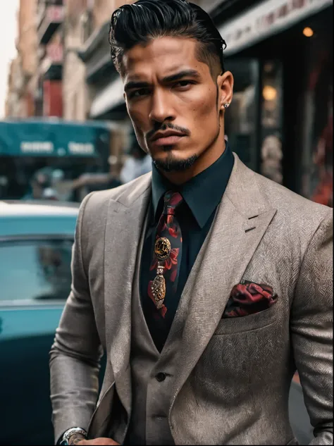 Create an image of a handsome Latino model for Hugo Boss, Tough, eyed, Savage, violence, ferocious, Intimidating, Wearing a luxurious gucci suit, Tattoos are, (wide Angle body: 1.3), smokes. Stand in the middle of the street. 80s movie style.