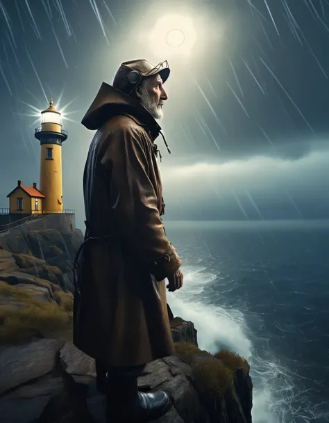 (A close-up of a tower keeper standing on a towering lighthouse on the cliff with a searchlight held high), he is looking down to guide the boat in the distance. He has rough brown skin and a carved wrinkled face. He is vicissitudes of life, wearing a hood...