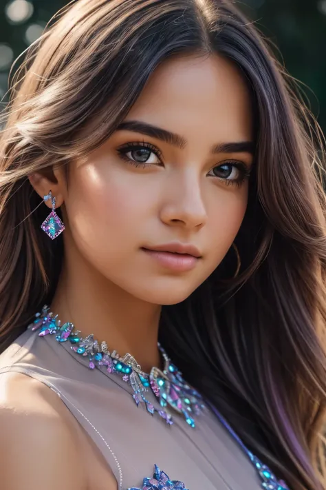 A professional 8k uhd DSLR photograph taken with a Fujifilm XT3 and 18mm f/11 lens, capturing a close up, low angle shot of a beautiful girl wearing a faceted, transparent lavender color crystal dress. The crystals embedded in the dress are visible, lookin...