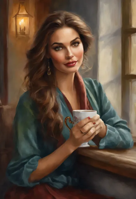 (Best quality,4K,8k,high resolucion,Masterpiece:1.2),Ultra-detailed,(Realstic,photoreallistic,photo-realistic:1.37),1Belle femme,Drinking coffee on a terrace with warm clothes,cheveux verts et noirs,Beauty face,Bewitching eyes,dark lipstick,Fashionable out...