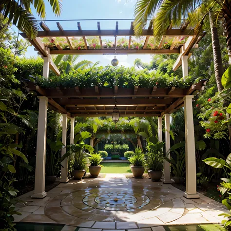 Harmonious Retreat: Traditional Pergola in Tropical Oasis hanging baskets being suspended