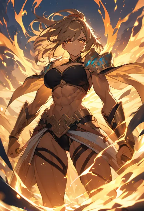 Female Warrior, vibrant energy, powerful, muscular, fantasy, golden light