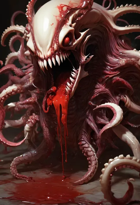 1boy,faceless,sharp_teeth,bifurcated jaw,blood from mouth,long tongue,sharp claws,arthropod limbs,exposed bone,tentacles,blood stain,deformed,creature,monster,aliens,no humans,body horror,