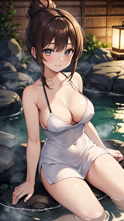 8k, masterpiece, best quality, 1girl, 2d, a girl bathing in hot spring , bath towel, outdoors, moon night, dim lighting, single hair bun, onsen, onsen symbol, light particles, posed body, ((water vapor, steam)), depth of field, (masterpiece), (realistic), ...