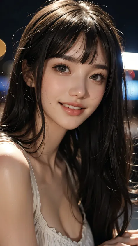 cute 22 year old,1 girl,slim face ,8k,Ultra-realistic European cityscape,night,city lights,one piece skirt, ((face close up:1.5)),((A smile showing white teeth)),((long hair)),((very short bangs)),close, 8k, RAW photo, highest quality, masterpiece,realisti...