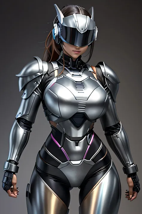 female robocop solo、Armor that completely covers the whole body、very large armor、helmet to hide eyes、rainbow armor、Armor that completely covers the chest、thin and long legs、Vibrant posel body view