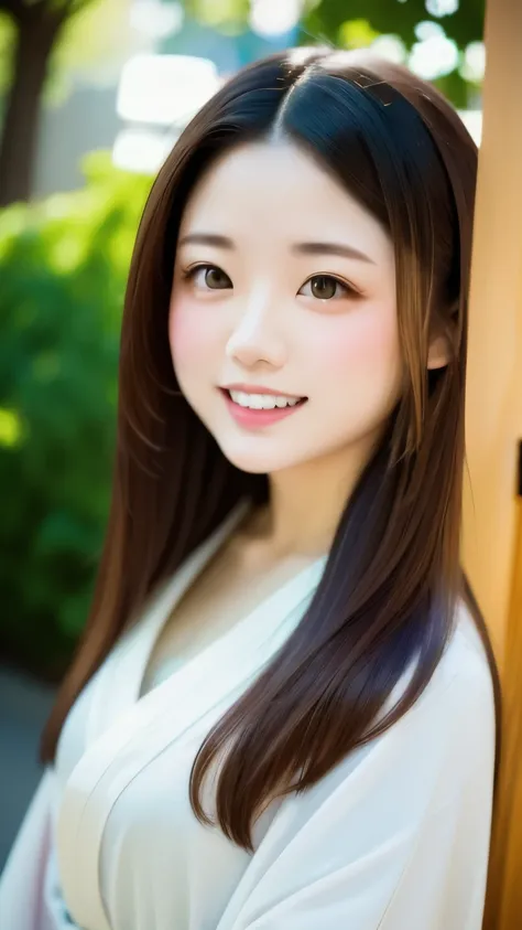 (((film grain、RAW photo)))、one woman、18talent、unparalleled beauty、beautiful teeth、natural look、small nose、plump lips、Beautiful silky straight hair、Reman、Beautiful kimono figure、heavy kimono、yamato nadeshiko、blurred background:1.5、medium depth of field, Pho...