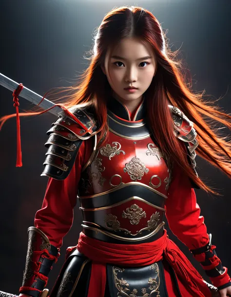 ancient chinese style, red armor, long haired child, girl's child, black long hair, wielding sword, beautiful facial features, b...