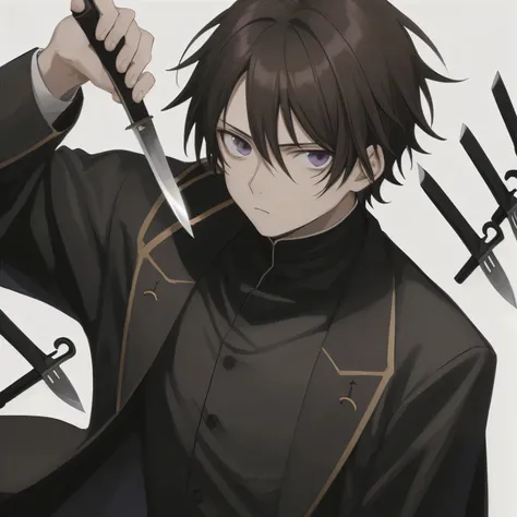 1man, anime, brown_parted_hair, black_eyes, cassock, knives, white_background, looking_at_viewer 