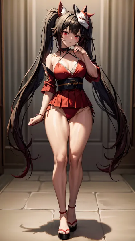 Face: Art style, Anime style color: Predominantly red with black and white contrasts, Eye color: bright crimson red, with luminous reflections. Hair color Black with red highlights, Hairstyle: Long with twintails, adorned with the traditional red and gold ...