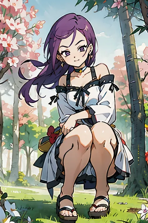 kisho, jigokuraku, 1 girl, purple hair, hair ribbon, Showa town, squatting, sandals, sunshine, belt, choker, wind blowing dress, lace dress, earrings, off-shoulder sleeves