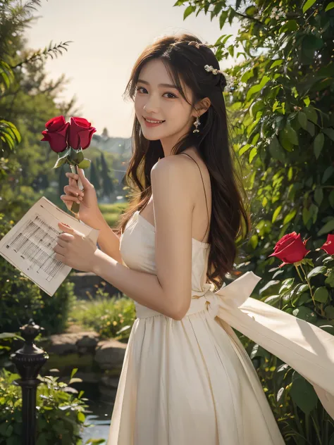 Female singer holding sheet music in both hands,Giorgione painting style,roses in vase、fruits、Cute trinkets、smile、ancient greek costume、Background is a forest lake at night 、Clothes that stretch your shoulders、A big smile、beautiful bare skin,moonlight