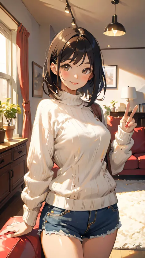 masterpiece, highest quality, (attractive woman), 28 years old, medium hair, big breasts, sweater, shorts, smile. living room