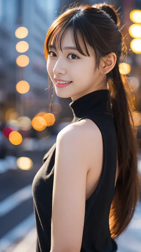 1 girl, (Wearing a black blouse:1.2), beautiful japanese actress, (ponytail:1.3),
(RAW photo, highest quality), (realistic, Photoreal:1.4), masterpiece, 
very delicate and beautiful, very detailed, 2k wallpaper, wonderful, 
finely, very detailed CG Unity 8...