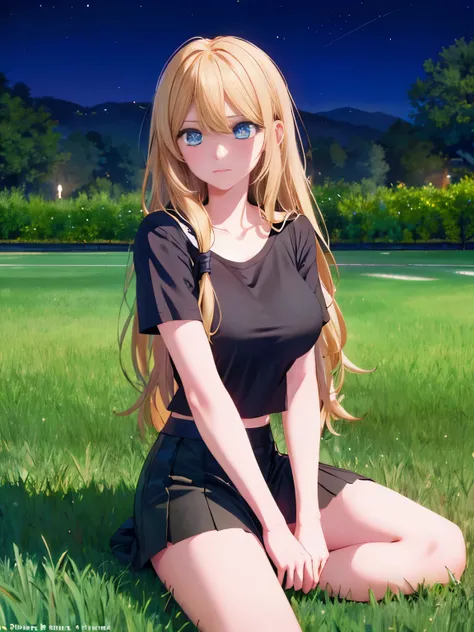 1woman,super beautiful,stand,sad expression,looking away, blue eyes,At night, on the grass hill,,half body photo,Beautiful eyes,perfect face,black t-shirt,black mini skirt,tennis skirt,Very big breasts,Blonde hair,long hair,wavy hair,bangs,ultra detail,ult...