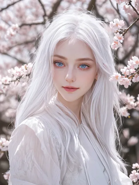 white hair and pink eyes,Super beautiful girl,It seems to be a fantastic existence,That white hair swayed in the wind、Blue eyes shine like the clear sky,Her skin is pure white、Detailed features color your facial features beautifully.her beauty is、Looks gre...