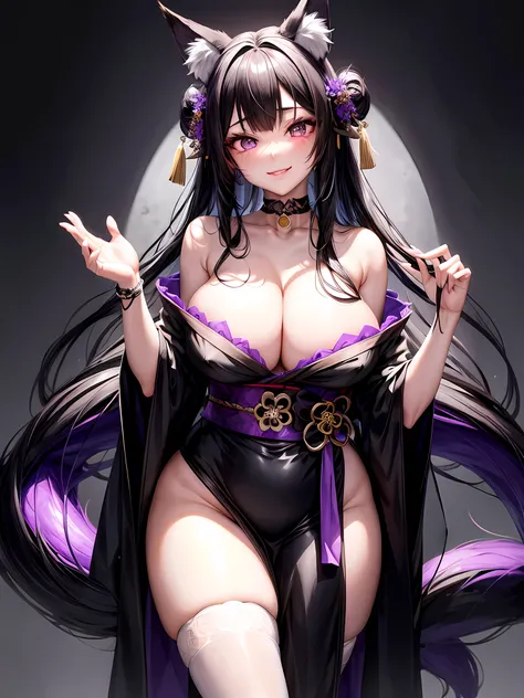 1 girl, long black hair, fox ears, only fox ears, purple eyes, extremly detailed, blushing, (face perfect:1.1), (high detal:1.1), top-quality, huge breasts, sexy and seductive, wearing black and purple erotic kimono kimono, tall women, long flufy nine fox ...