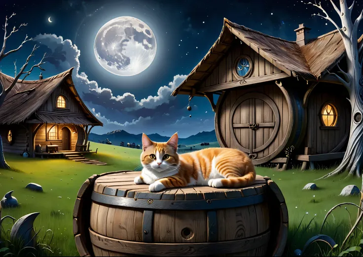 A cat lying on a large wooden barrel in front of a ranch hut on a meadow、brown eyes、I can see Orion constellation、The Nightmare Before Christmas、Under a dead tree、moon night、The moon is half hidden in clouds、Tim Burton Films、High color rendering、high detai...